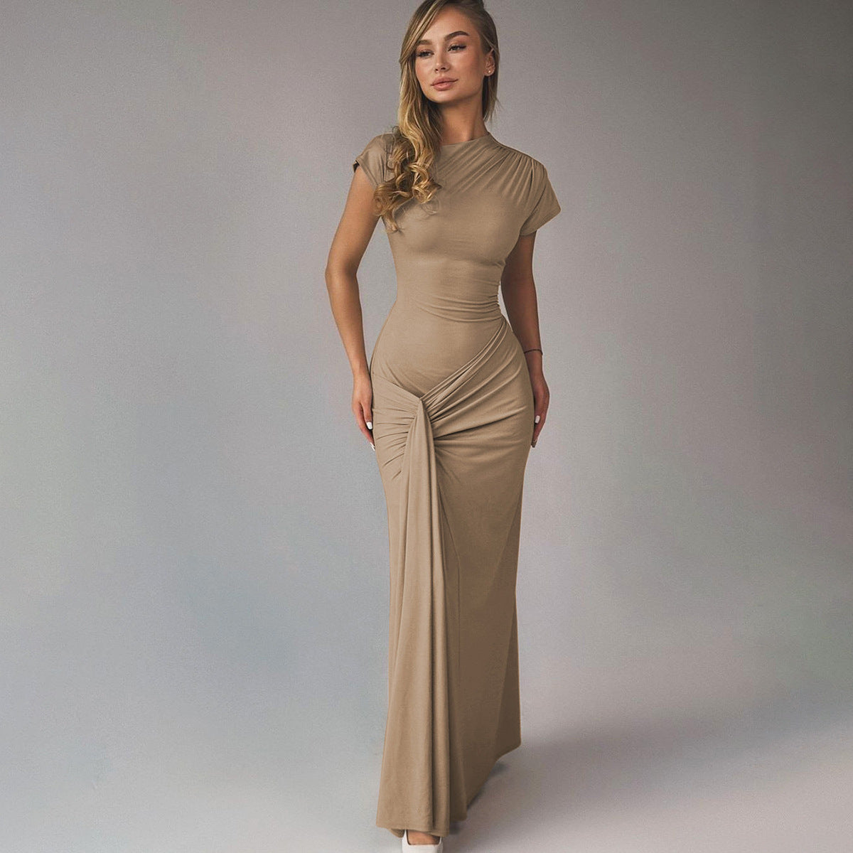 Autumn new product fashionable temperament slim fit pleated lace up short sleeved dress for women